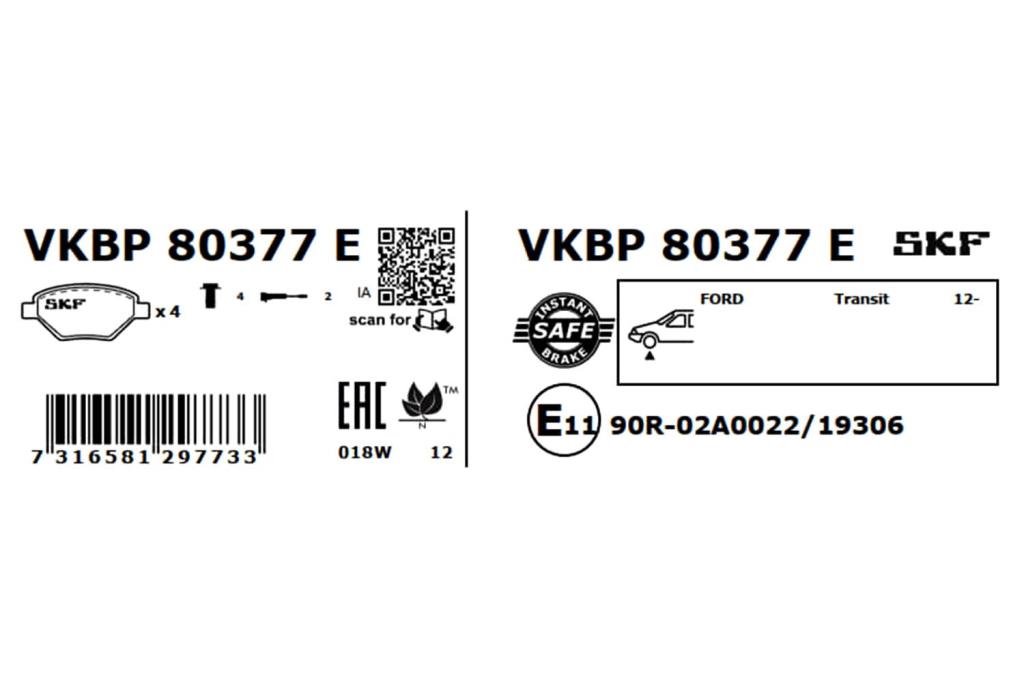 Jeu de 4 plaquettes de frein SKF ref. VKBP 80377 E
